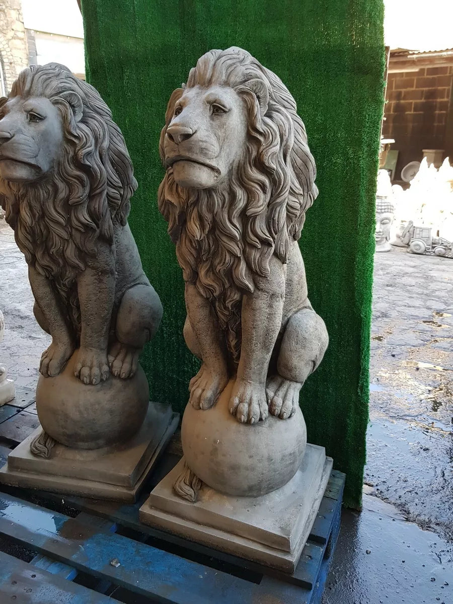 Large Pair Of Stone Lion on Ball Concrete Statue Garden Ornament Sculpture Heavy