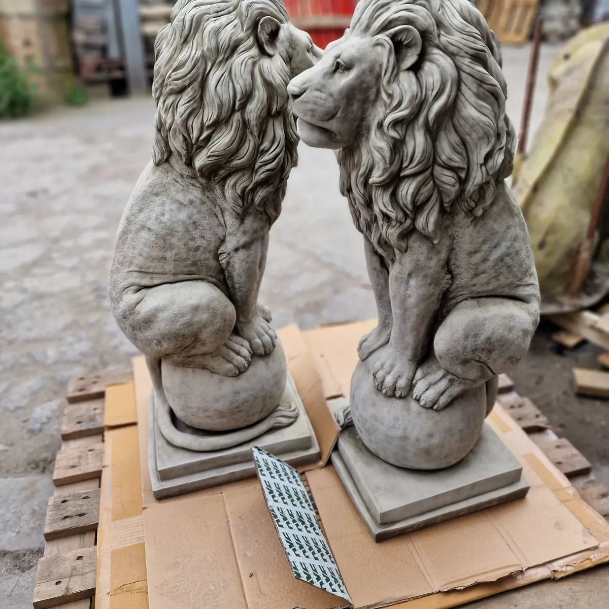 Large Pair Of Stone Lion on Ball Concrete Statue Garden Ornament Sculpture Heavy