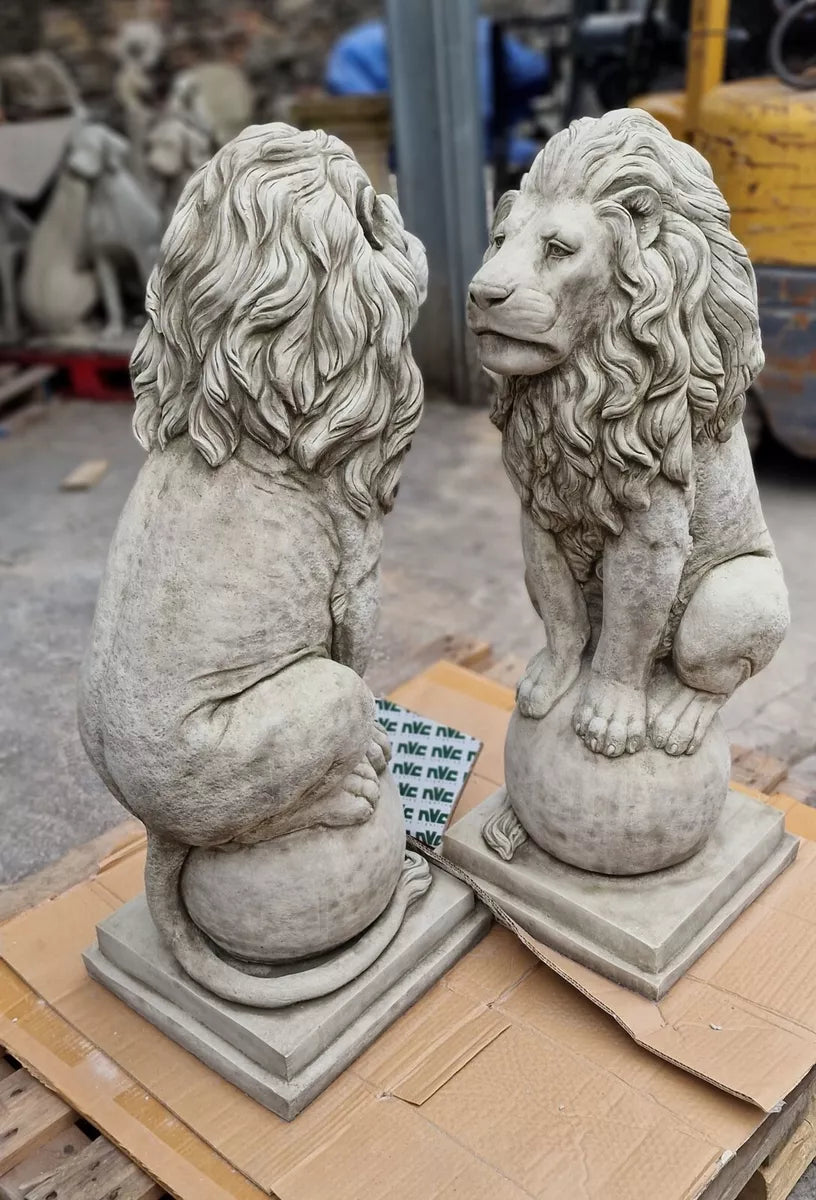 Large Pair Of Stone Lion on Ball Concrete Statue Garden Ornament Sculpture Heavy