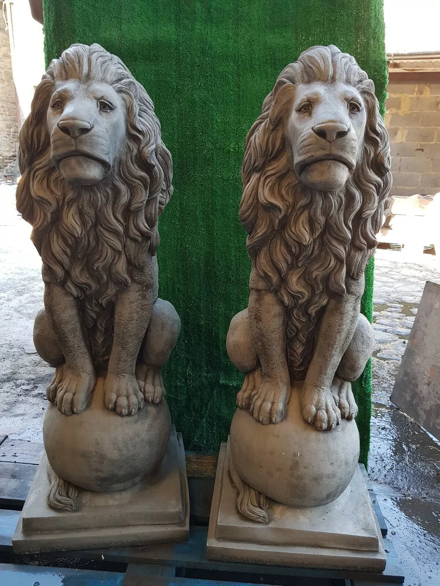 Large Pair Of Stone Lion on Ball Concrete Statue Garden Ornament Sculpture Heavy
