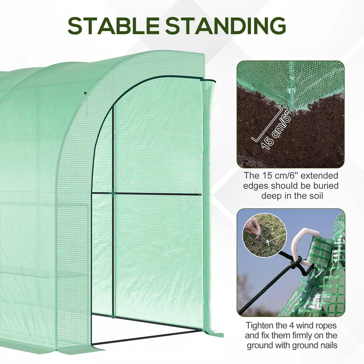 Walk-In Lean to Wall Greenhouse with Windows and Doors, Outdoor Green House with 3 Tiers 6 Wired Shelves, 300L x 150W x 213Hcm, Green