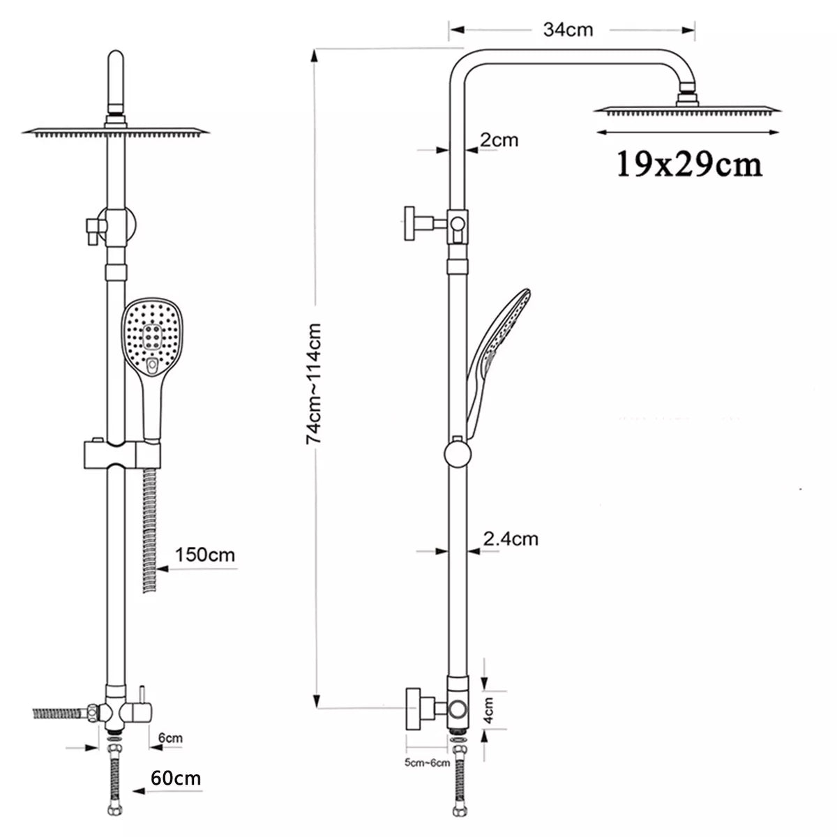 Black Exposed Bathroom Shower Twin Head Large Bar Set Square Valve Rail Hose Tap