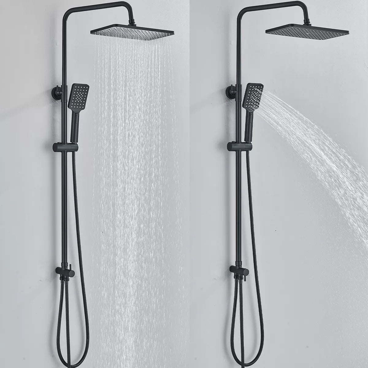 Black Exposed Bathroom Shower Twin Head Large Bar Set Square Valve Rail Hose Tap