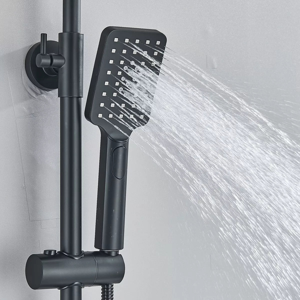 Black Exposed Bathroom Shower Twin Head Large Bar Set Square Valve Rail Hose Tap