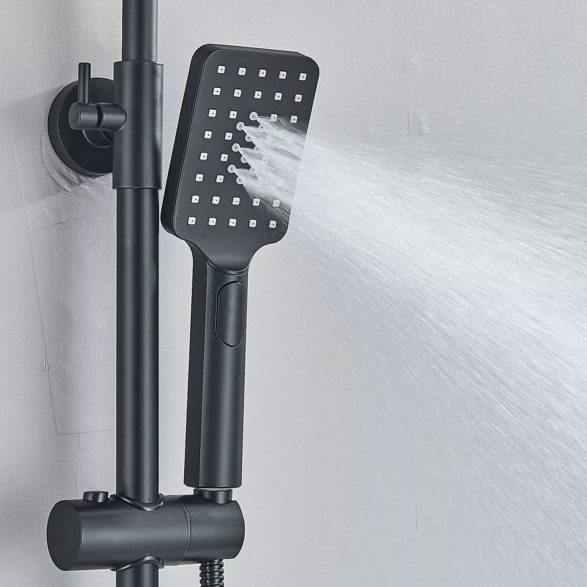 Black Exposed Bathroom Shower Twin Head Large Bar Set Square Valve Rail Hose Tap