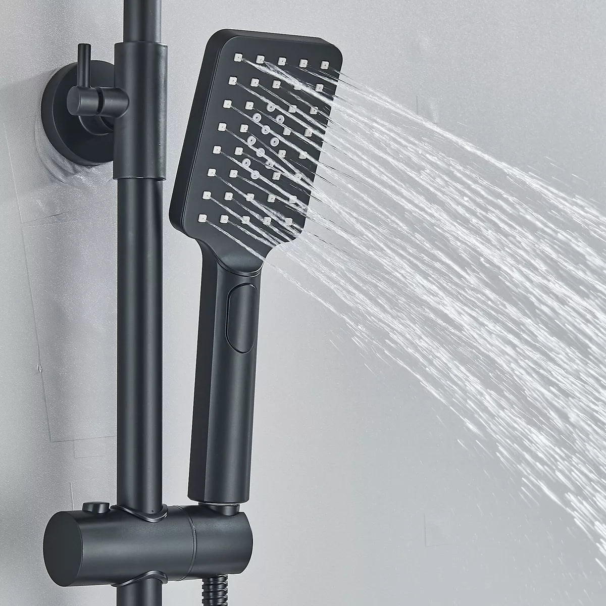 Black Exposed Bathroom Shower Twin Head Large Bar Set Square Valve Rail Hose Tap