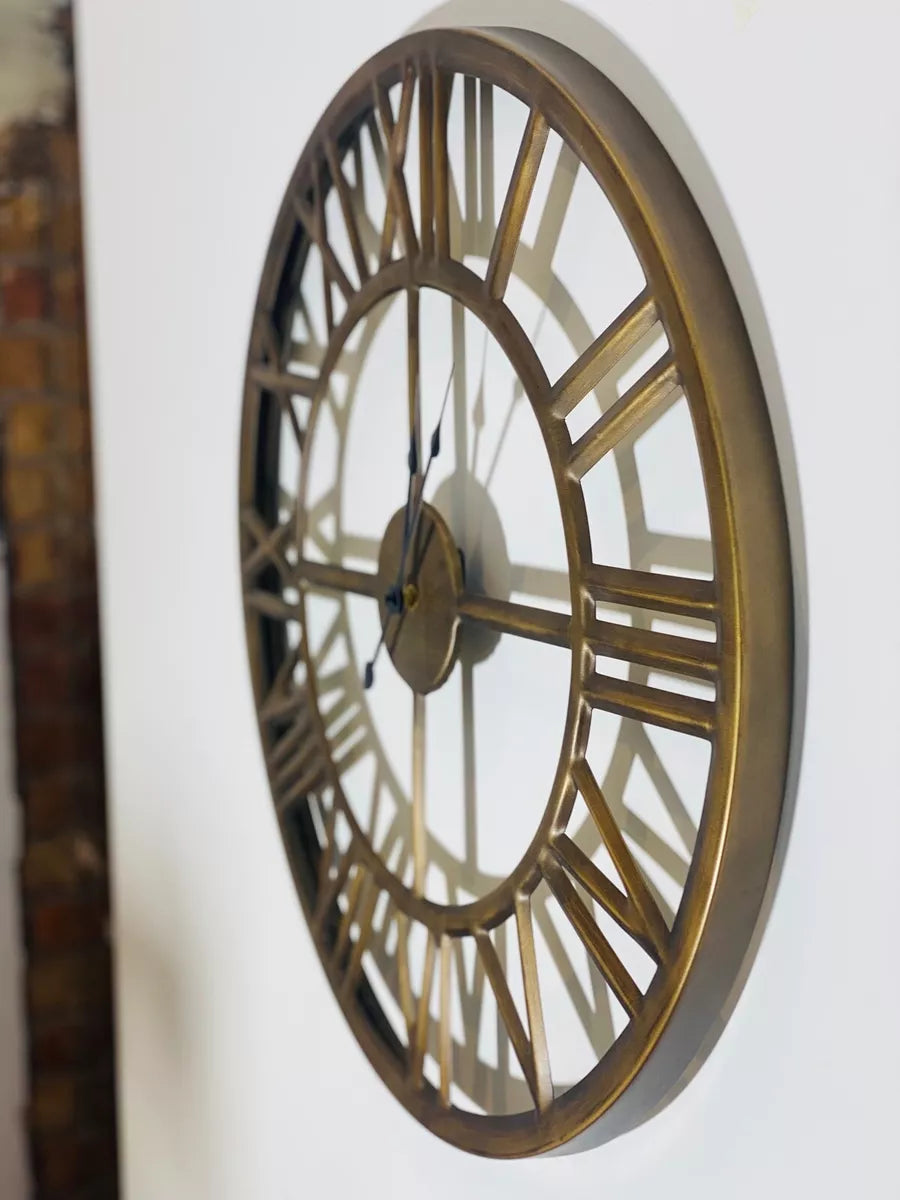 60cm Roman Numerals Wall Clock Open Round Face Brushed Bronze Colour