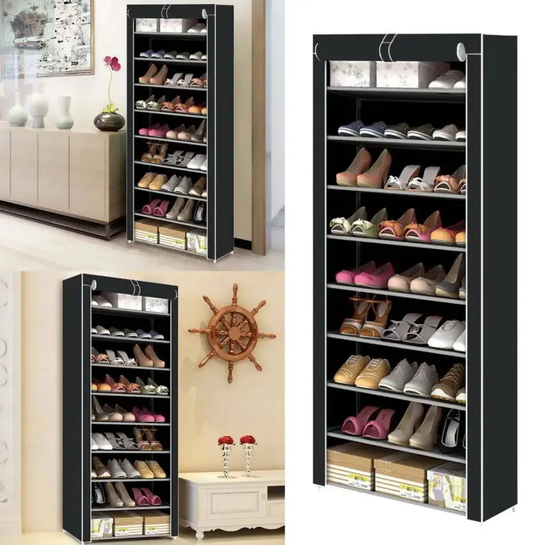 10 Tier Cabinet Storage Organiser Shoe Rack Stand Holds 27 Pairs Dustproof Black Royalcart