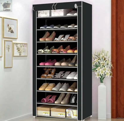 10 Tier Cabinet Storage Organiser Shoe Rack Stand Holds 27 Pairs Dustproof Black Royalcart