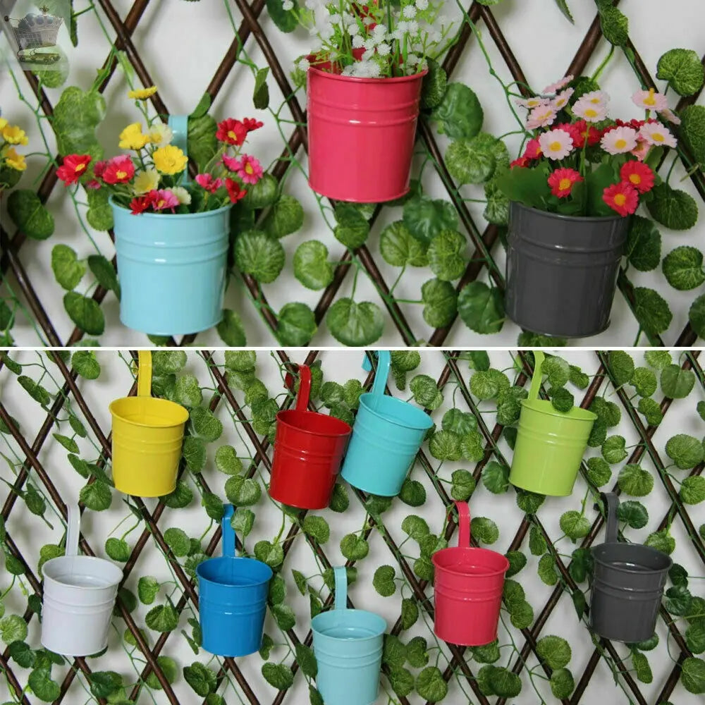 10x Garden Metal Flower Pots Wall Hanging Tin Basket Bucket Plant Herb Planter Gearcourt