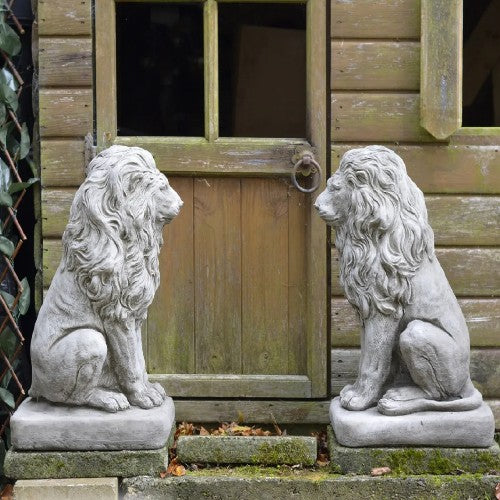 LARGE LION PAIR DETAILED HAND CAST STONE OUTDOOR GARDEN ORNAMENT STATUE STUNNING 50Kg Eacg Royalcart