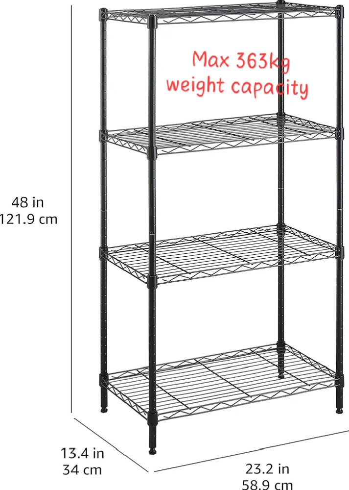 4-Shelf Narrow Storage Unit With Height Adjustable Shelves & Levelling Feet Black Royalcart