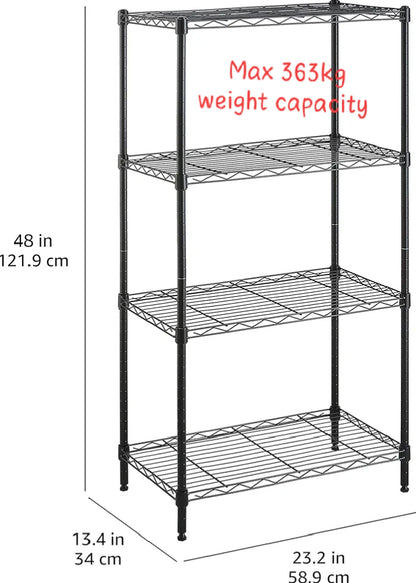 4-Shelf Narrow Storage Unit With Height Adjustable Shelves & Levelling Feet Black Royalcart
