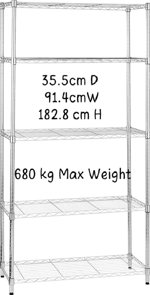 Multi Shelf Narrow/Wide Storage Unit With Height Adjustable Shelves & Levelling Feet Chrome Royalcart