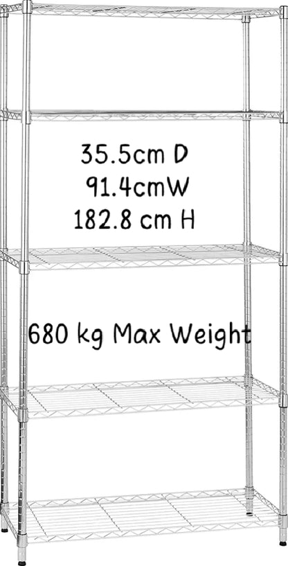 Multi Shelf Narrow/Wide Storage Unit With Height Adjustable Shelves & Levelling Feet Chrome Royalcart