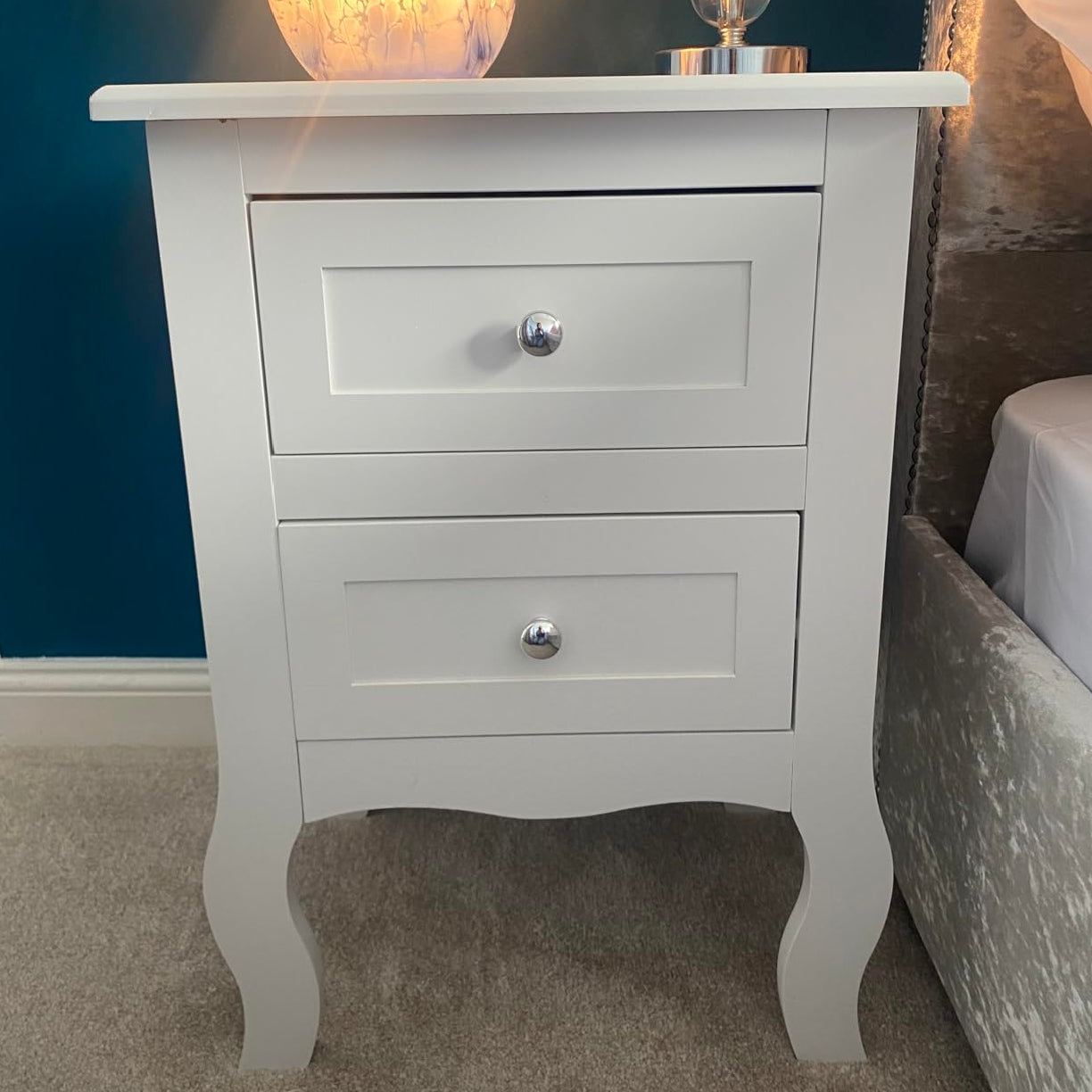2 x Chic White Wooden Free Standing Bedroom Bedside Table Unit Cabinet Nightstand 2 Drawers Royalcart