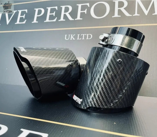 2 GLOSS BLACK CARBON FIBRE AKRAPOVIC EXHAUST TIPS 4.5” UNIVERSAL TAILPIPE - Royalcart