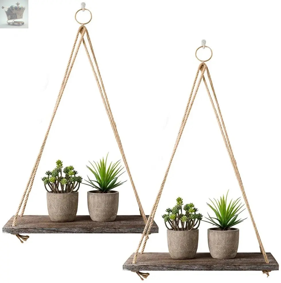 2 Rustic Wooden Floating Shelves with String Rope Gearcourt