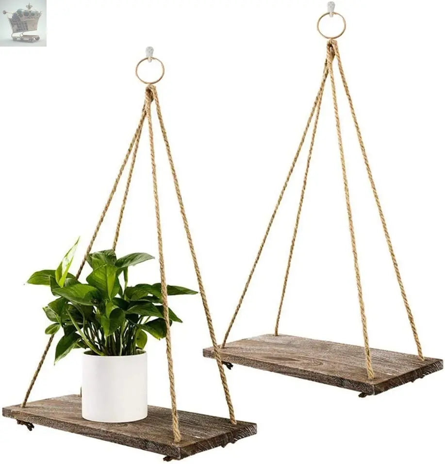 2 Rustic Wooden Floating Shelves with String Rope Gearcourt