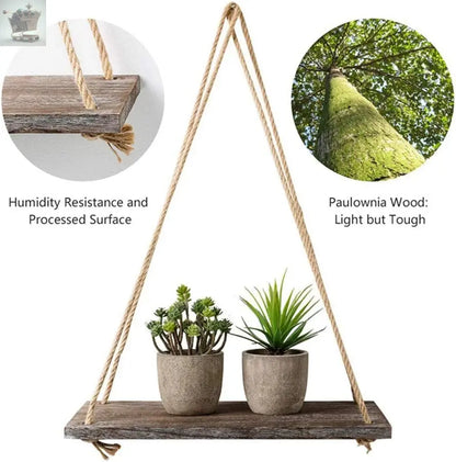 2 Rustic Wooden Floating Shelves with String Rope Gearcourt