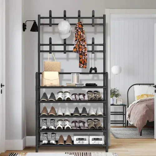 25 Pairs 5 Tier Shoe Rack 8 Hook Coat & Shoe Rack Metal Storage Shelf Royalcart