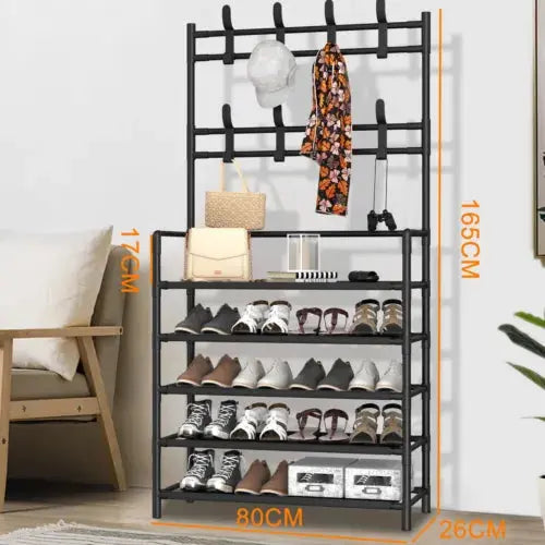 25 Pairs 5 Tier Shoe Rack 8 Hook Coat & Shoe Rack Metal Storage Shelf Royalcart