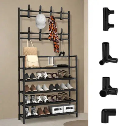 25 Pairs 5 Tier Shoe Rack 8 Hook Coat & Shoe Rack Metal Storage Shelf Royalcart