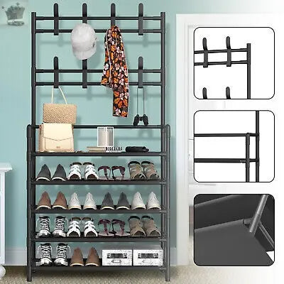 25 Pairs 5 Tier Shoe Rack 8 Hook Coat & Shoe Rack Metal Storage Shelf Royalcart