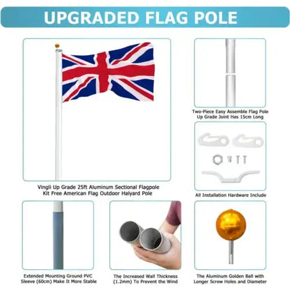 7.5M/25FT Sectional Flag Pole Kit Aluminum Telescopic Flagpole Yard & Commercial Royalcart