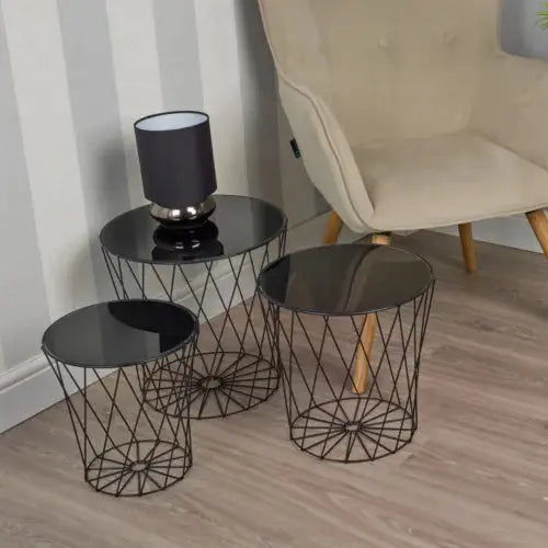 3 Pcs Round Side End Coffee Tables Stand Set Black Glass Top Metal Frame Nesting Royalcart