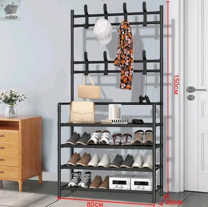 4Tiers Shelves Metal Coat Rack Stand with Shoe Storage Hallway Furniture 8 Hooks Royalcart