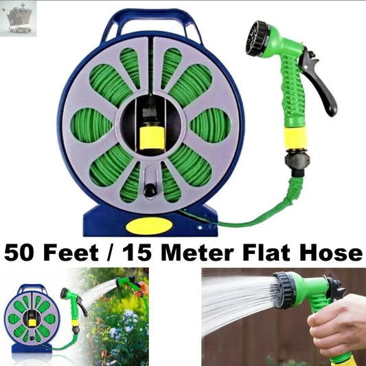 50 Feet 15 Meter Flat Hose Pipe Reel With Water Nozzle Gun Spray Garden Watering Royalcart