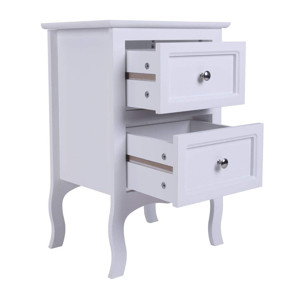 2 x Chic White Wooden Free Standing Bedroom Bedside Table Unit Cabinet Nightstand 2 Drawers Royalcart