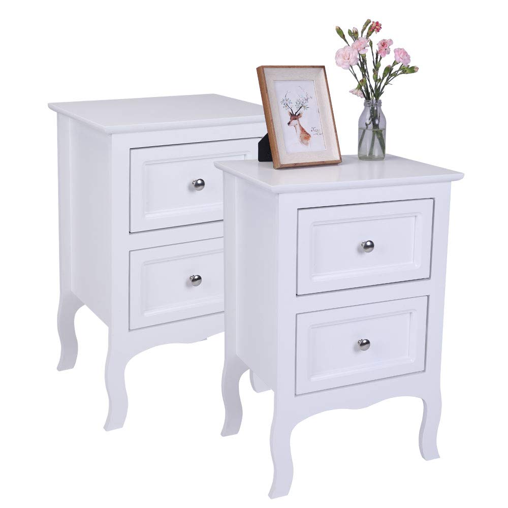 2 x Chic White Wooden Free Standing Bedroom Bedside Table Unit Cabinet Nightstand 2 Drawers Royalcart