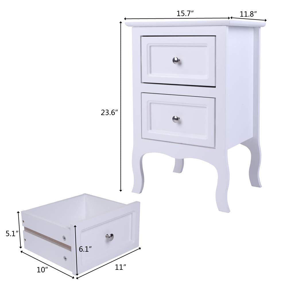 2 x Chic White Wooden Free Standing Bedroom Bedside Table Unit Cabinet Nightstand 2 Drawers Royalcart
