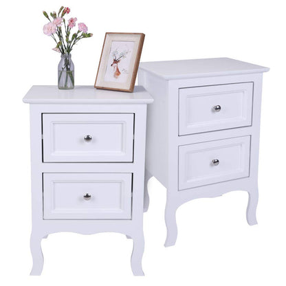 2 x Chic White Wooden Free Standing Bedroom Bedside Table Unit Cabinet Nightstand 2 Drawers Royalcart