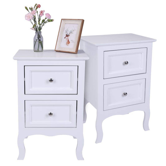 2 x Chic White Wooden Free Standing Bedroom Bedside Table Unit Cabinet Nightstand 2 Drawers Royalcart