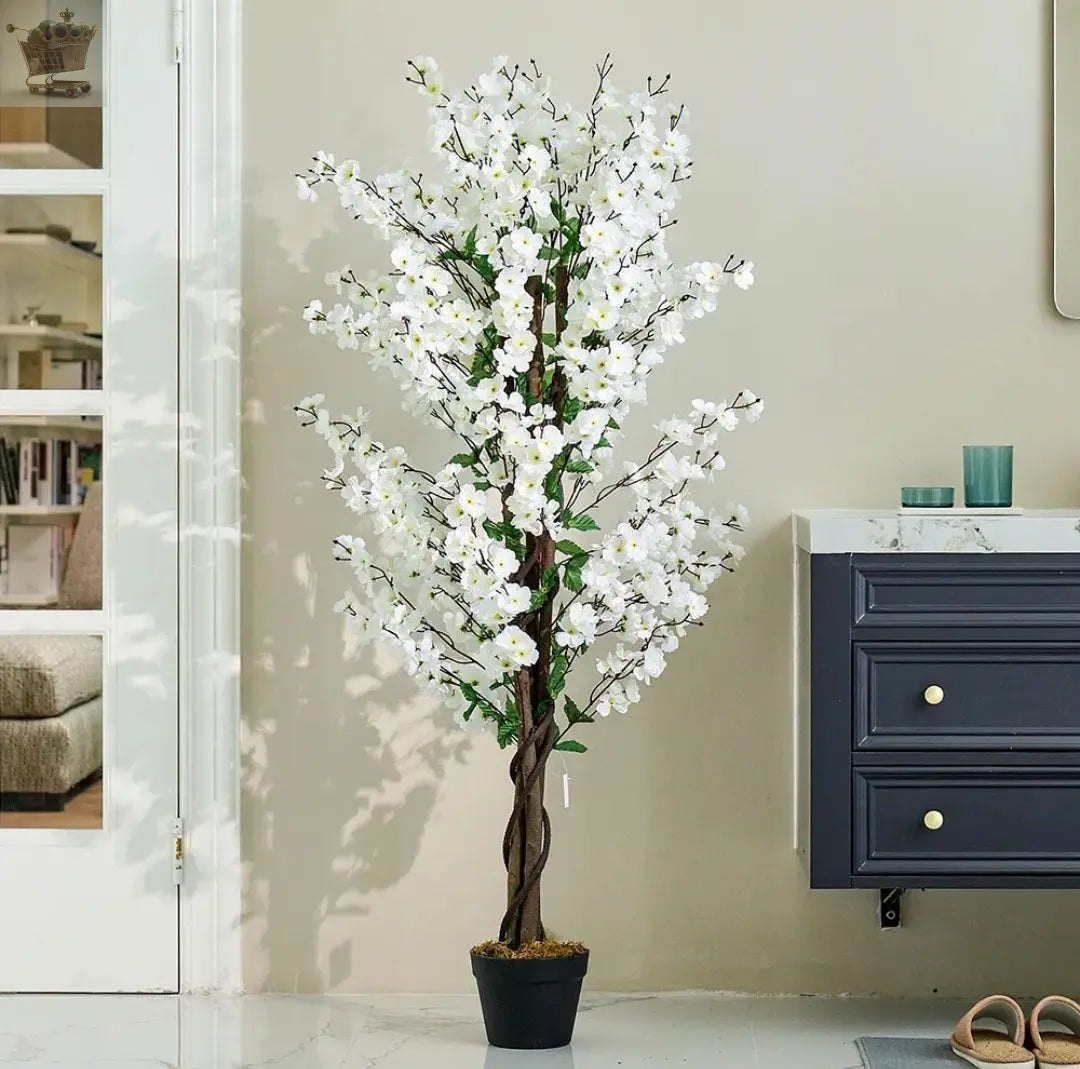 5ft Artificial Cherry Blossom Tree 150cm White Wintersweet Flowers Plant in Pot - Royalcart