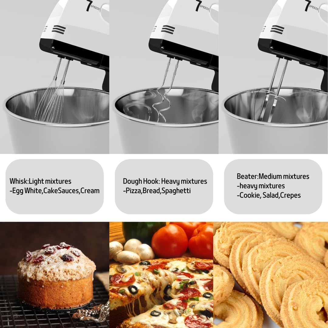 7 Speeds With 3QT Stainless Steel Bowl, Stand and Hand Mixer with Dough Hook, Whisk, Mixing Royalcart