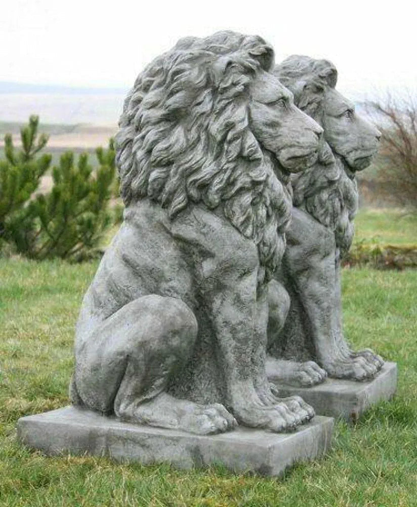 Pair Large Proud Lions Heavy Stone Cast Garden Statues by DGS UK 330KGS Royalcart