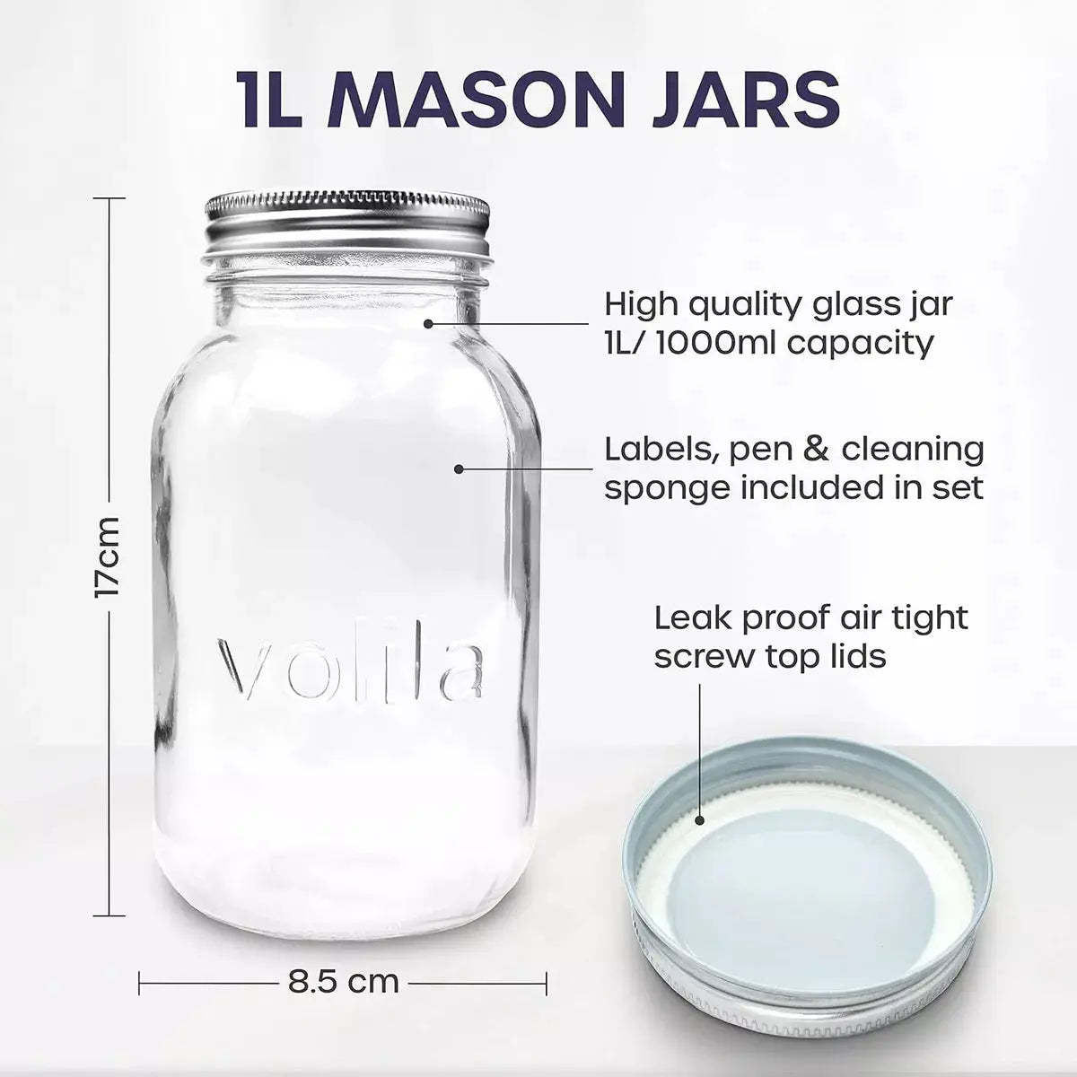 Mason Jars 1000ml Leakproof Large Glass 1/2/6pack with Tight Lids Pen and Sponge - Royalcart