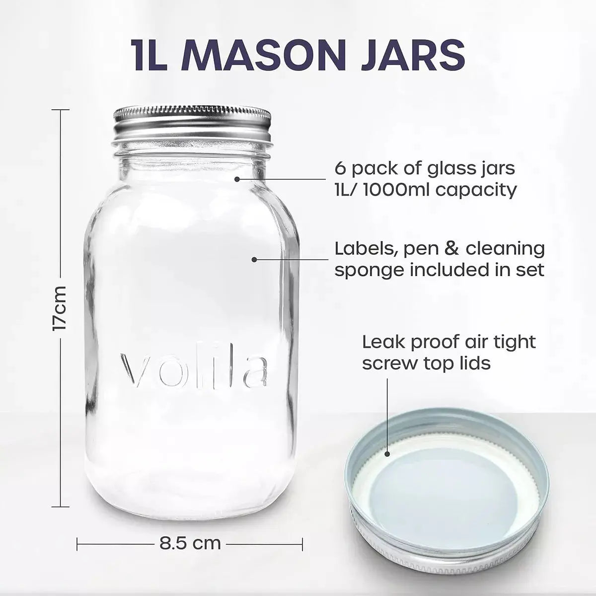 Mason Jars 1000ml Leakproof Large Glass 1/2/6pack with Tight Lids Pen and Sponge - Royalcart