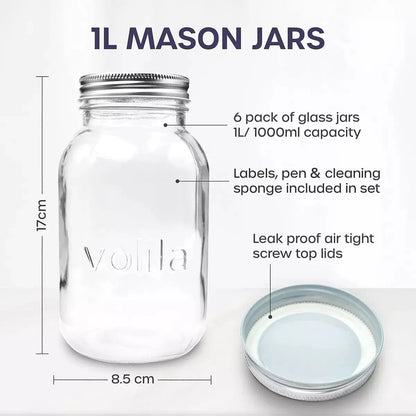 Mason Jars 1000ml Leakproof Large Glass 1/2/6pack with Tight Lids Pen and Sponge - Royalcart