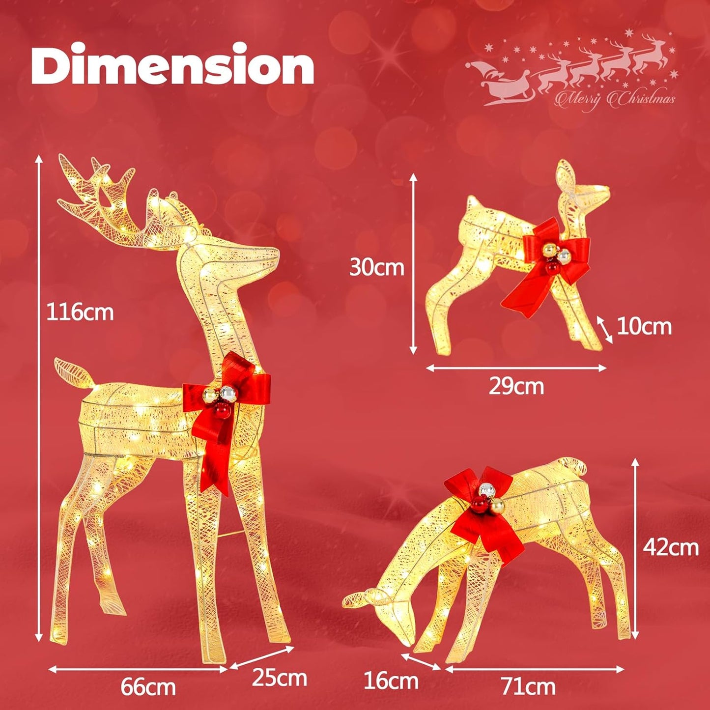 3 Pieces Garden Christmas Reindeer Figure Decorations with White Lights, Pre-Lit Xmas Ornament for Holiday Festival Royalcart