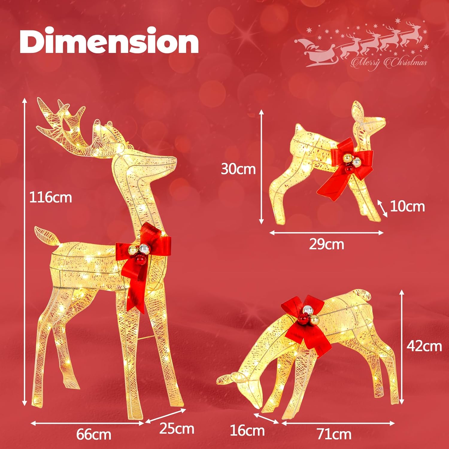 3 Pieces Garden Christmas Reindeer Figure Decorations with White Lights, Pre-Lit Xmas Ornament for Holiday Festival Royalcart