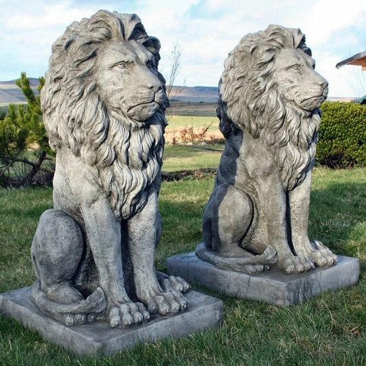 Pair Large Proud Lions Heavy Stone Cast Garden Statues by DGS UK 330KGS Royalcart