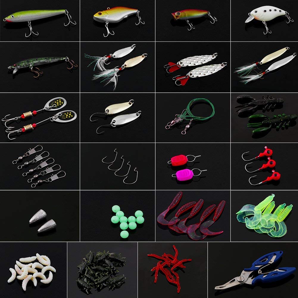 120 PCS Fishing Lures Mixed Including Spinners,VIB,Treble Hooks,Single Hooks,Swivels,Pliers and Tackle Box