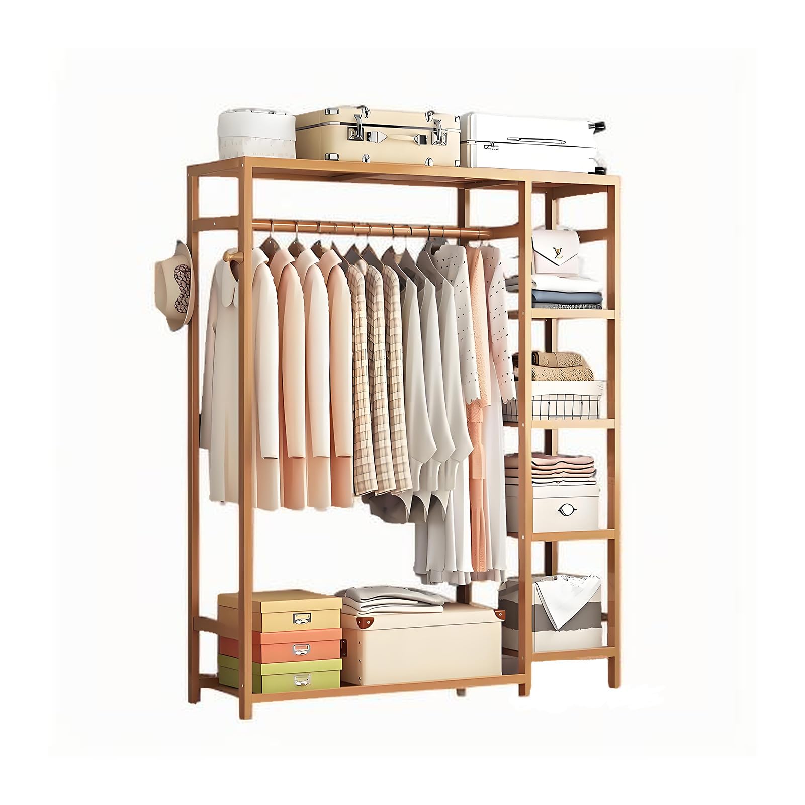 Bamboo Clothes Rail Garment Rack Open Wardrobe Coat Stands with 4-tier Storage Shelves Royalcart