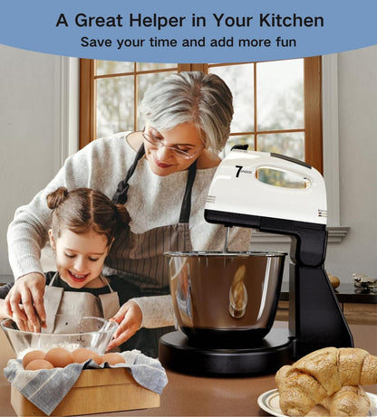 7 Speeds With 3QT Stainless Steel Bowl, Stand and Hand Mixer with Dough Hook, Whisk, Mixing Royalcart