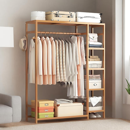 Bamboo Clothes Rail Garment Rack Open Wardrobe Coat Stands with 4-tier Storage Shelves Royalcart